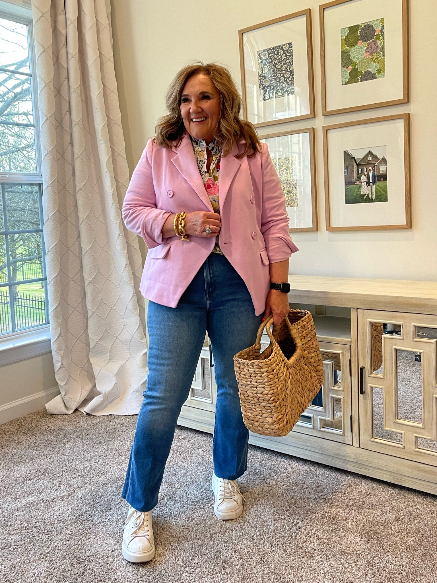 Casual Easter spring outfit. 

Blazer size XL code NANETTE10 10% off
Blouse size XL code NANETTE25 15% off first purchase 
Jeans size up!!! Wearing a 33 

#LTKsalealert #LTKFind #LTKSeasonal