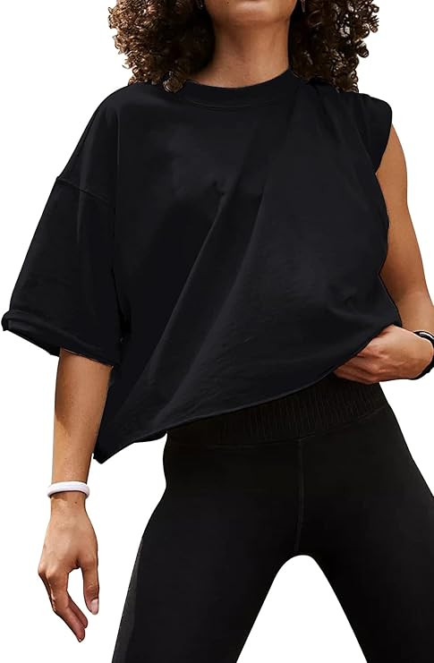 Women's Oversize Workout Crop Tops Casual Short Sleeve Drop Shoulder Boxy T-Shirts Roll Hem Basic... | Amazon (US)