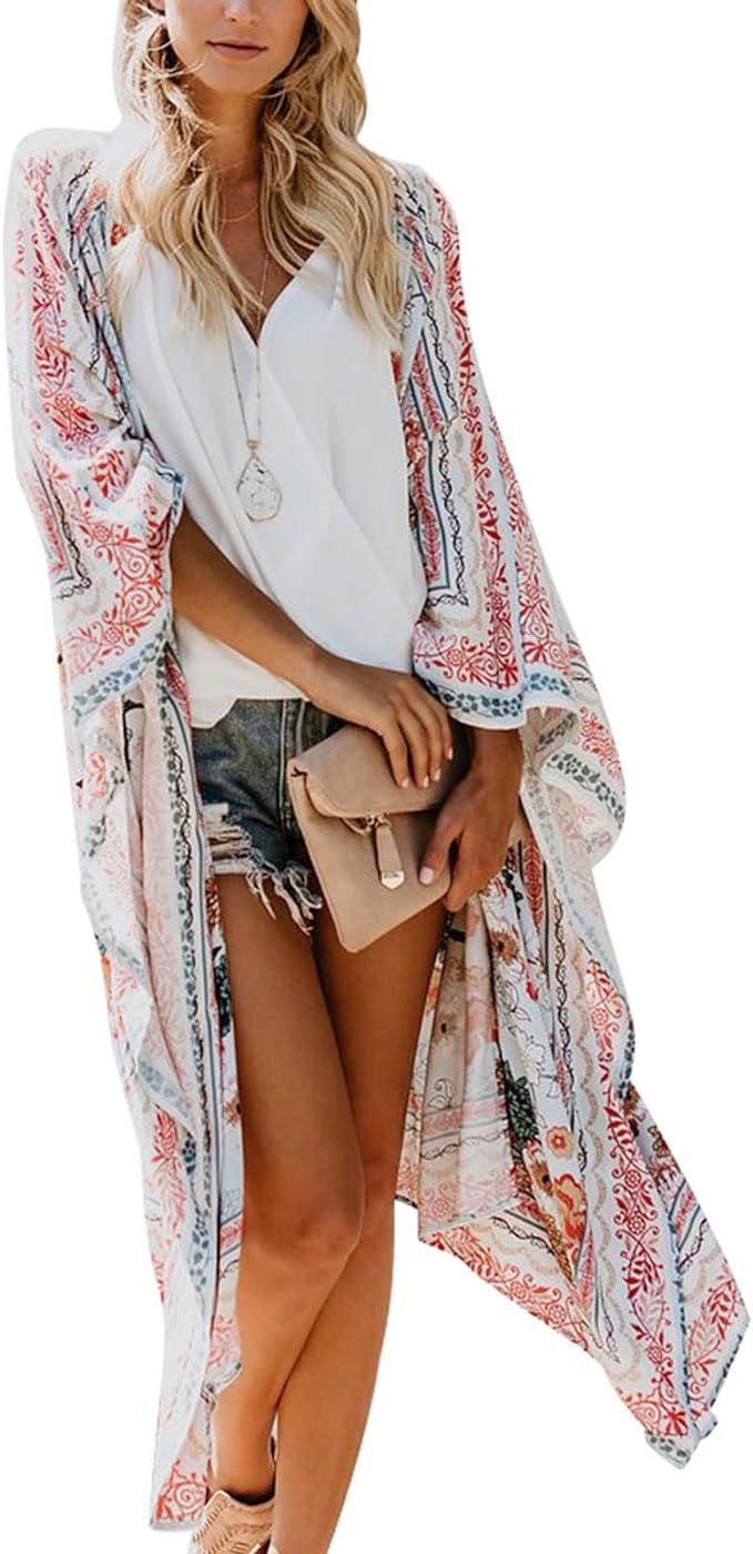 Zexxxy Women Floral Kimono Robe Sheer Chiffon Cardigan 3/4 Sleeve Cover Up Long Blouse Outwear | Amazon (US)