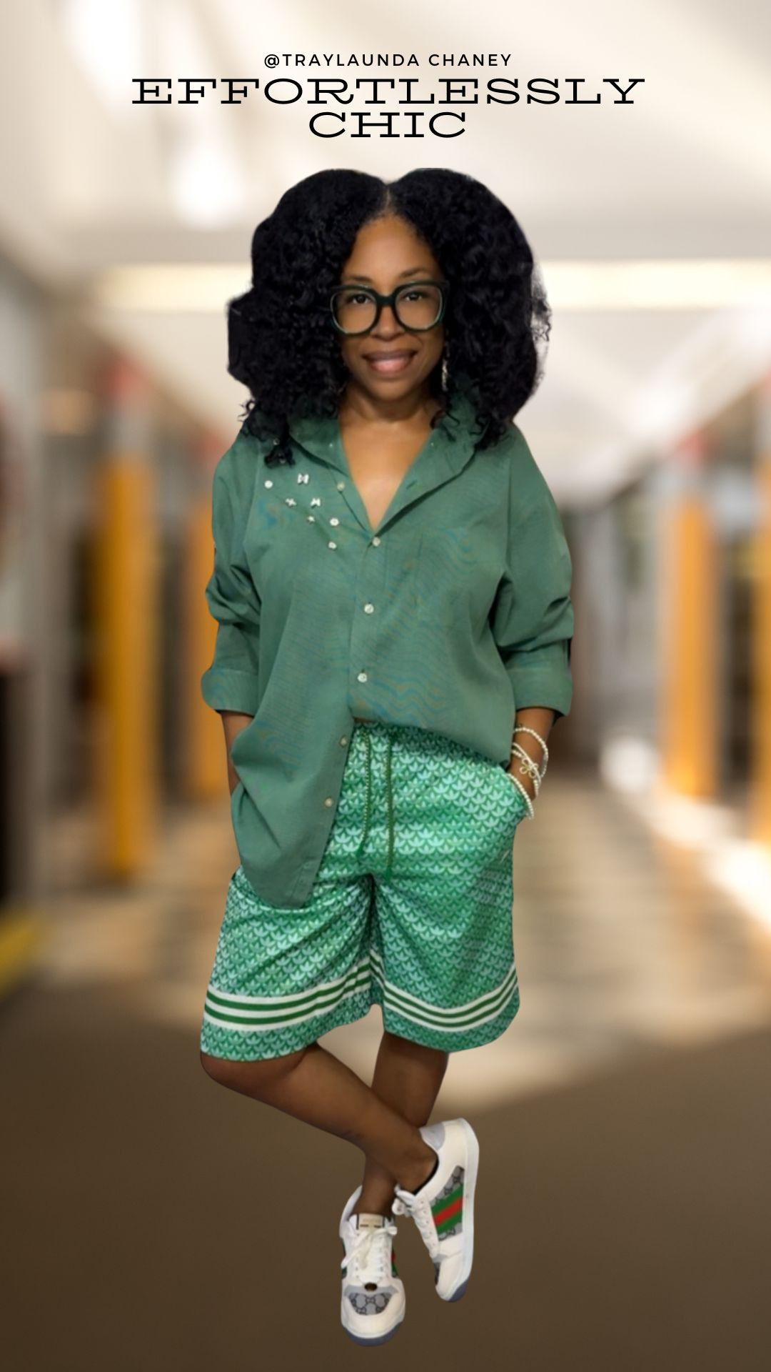 Green goddess vibes 💚 Adidas shorts, cute pins and button up-Amazon! Paired with my fave sneakers for an effortlessly chic and comfy look. Shop it all on my LTK! #LTKstyle #AmazonFinds #EffortlessFashion" 

 #LTKOver40 #LTKStyleTip #LTKBeauty