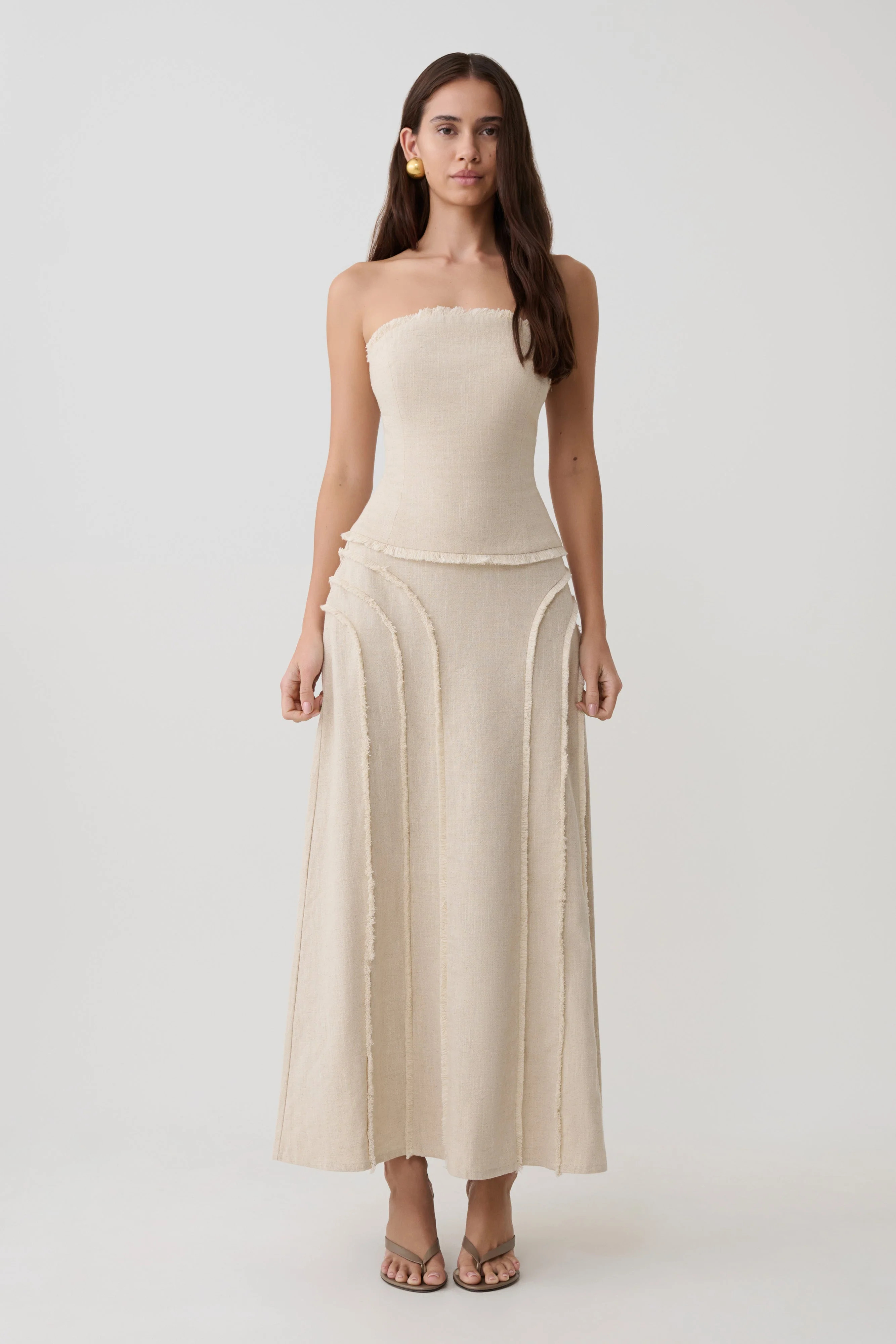 Annie Linen Frayed Midi Skirt - Natural | MESHKI US