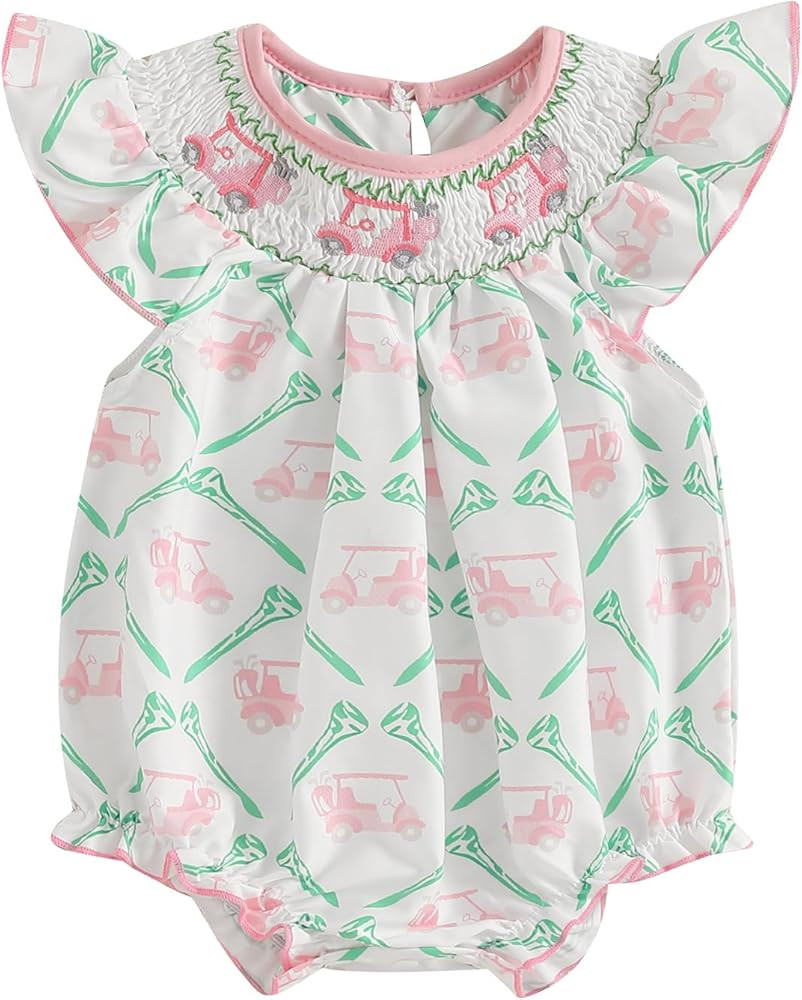Chloefairy Newborn Baby Girl Golf Outfit Smocked Golf Cart Bubble Romper Ruffle Onesie Bodysuit I... | Amazon (US)