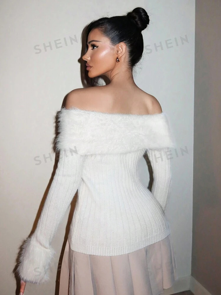 SHEIN Foxxy 1pc Women Elegant Solid Color Off Shoulder Fuzzy Splice Long Sleeve Sweater, Autumn/W... | SHEIN