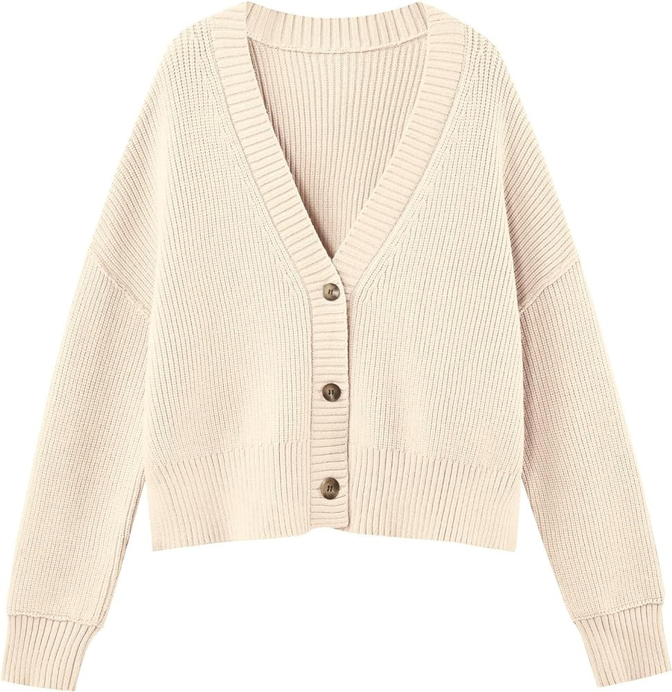LILLUSORY Women's Lightweight Cropped Cardigan 2023 Open Front Button Sweaters V Neck Cardigans K... | Amazon (US)