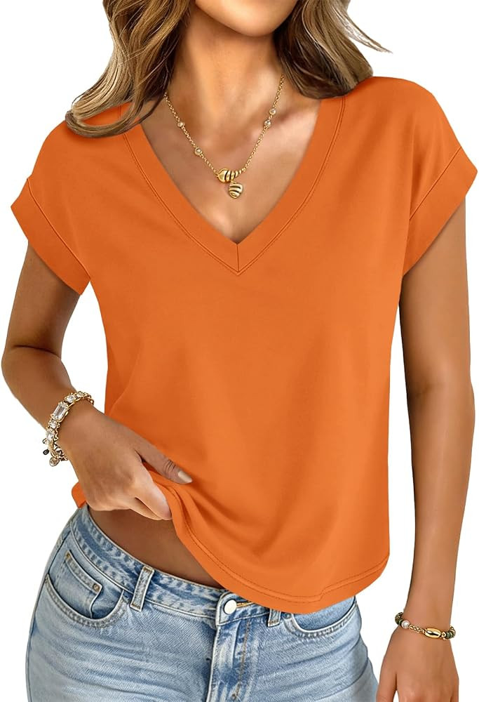 UNCLECAT Womens Crop Tops V Neck Cap Sleeve T Shirts Summer Basic Loose Fit Short Sleeves Tee Cut... | Amazon (US)