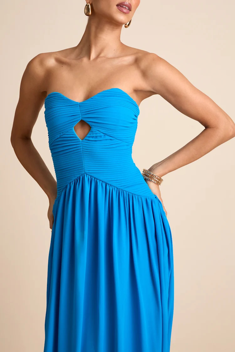 Rozala Bright Blue Pleated Strapless Maxi Dress | Lulus