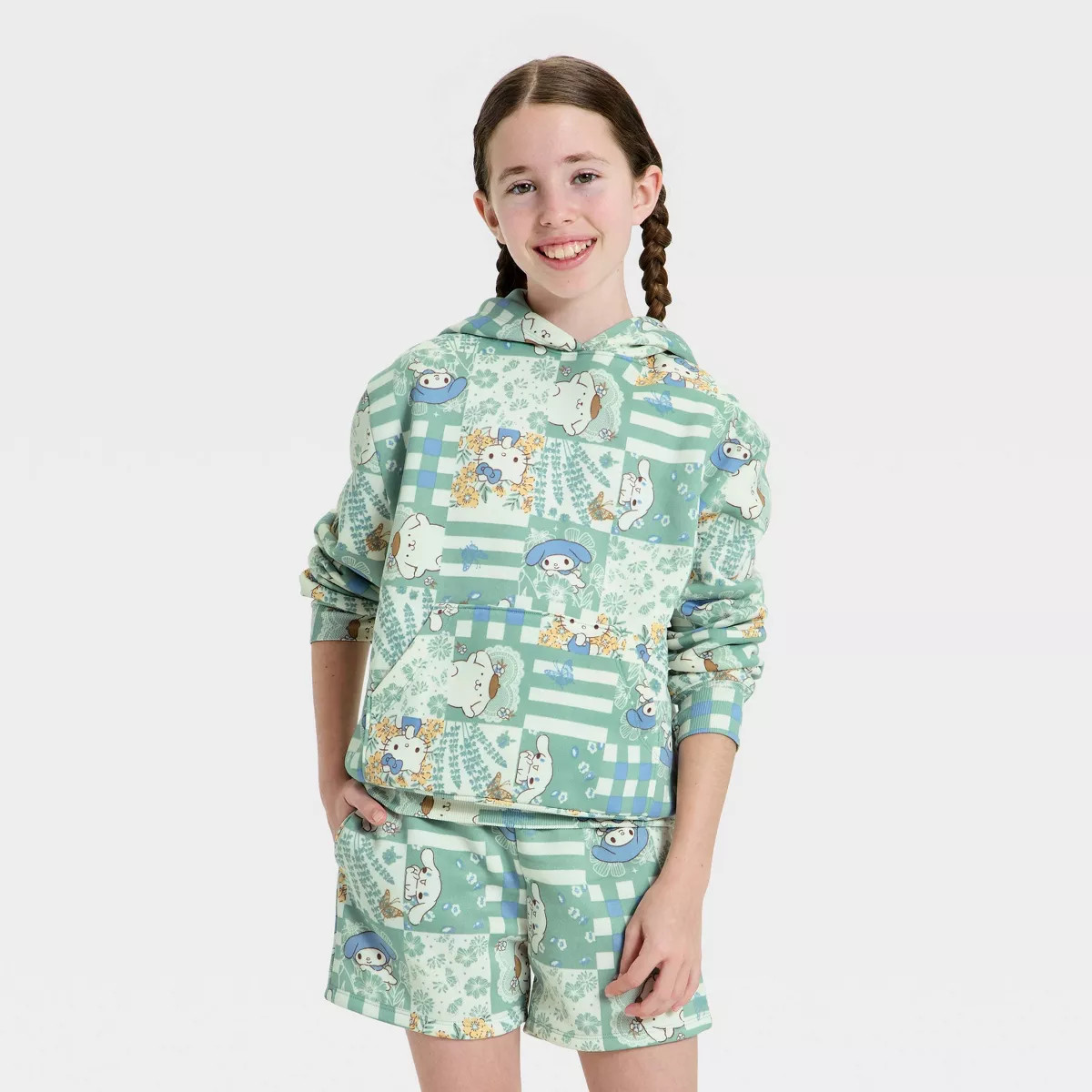 Girls' Hello Kitty and Friends Patchwork Oversized Hooded Fleece Sweatshirt - Light Green XL Plus | Target