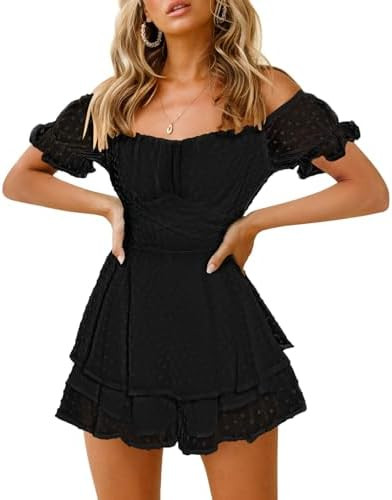 Fixmatti Women Boho Romper Off Shoulder Ruffle Chiffon Shorts Jumpsuit Playsuits | Amazon (US)