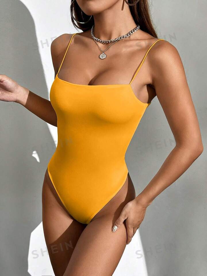 SHEIN Essnce Women Plain Simple Daily Wear Spring Summer Suspender Bodysuit | SHEIN