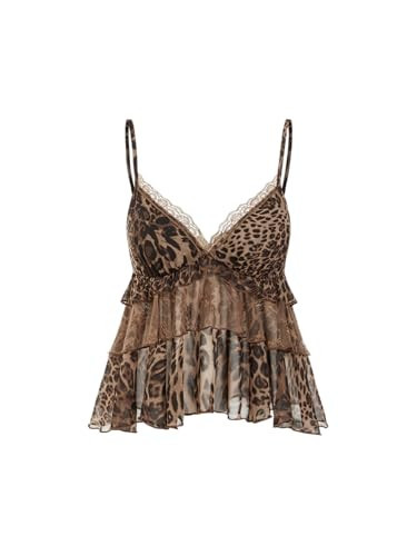 CIDER Womens Blouses Dressy Casual Sleeveless Lace Trim Cami Top Animal Print Chiffon V Neck Coffee | Amazon (US)