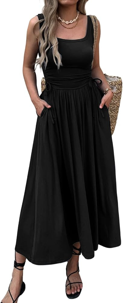 Mieazom Women\u2019s Boho Summer Maxi Dress with Pockets, Adjustable Waist, Sleeveless Casual Ruc... | Amazon (US)