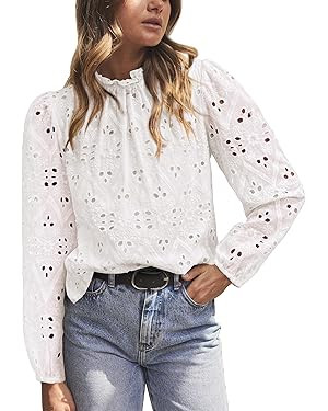 PRETTYGARDEN Tops for Women Trendy 2025 Fall Long Sleeve Blouses Dressy Casual Embroidered Eyelet... | Amazon (US)