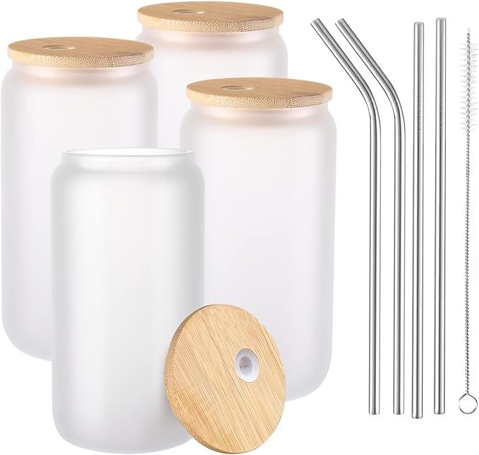 Drinking Glasses with Bamboo Lids and Stainless steel Straw 4pcs Set - 16oz Reusable Beer Can Sha... | Amazon (US)