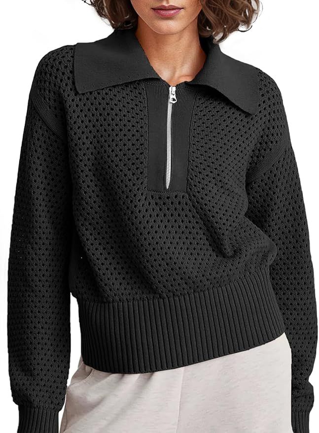 Women's Half Zip Pullover Sweaters Crochet Lapel Collar Long Sleeve Knit Solid Color Jumper Tops | Amazon (US)