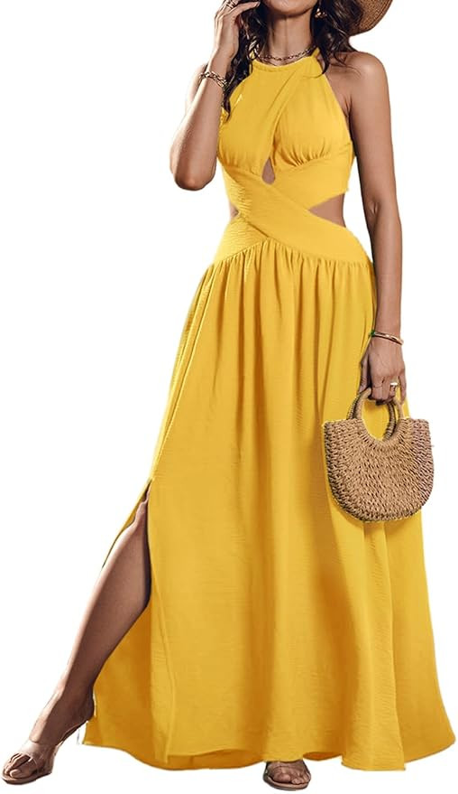 CHICME Women's Sleeveless Halter Neck Dress Criss Cross Tie Back Split High Maxi Dress | Amazon (US)