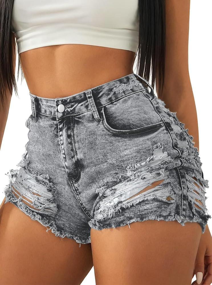 LovelyWholesale Womens Sexy Distressed Denim Shorts Summer High Waisted Ripped Jean Shorts | Amazon (US)