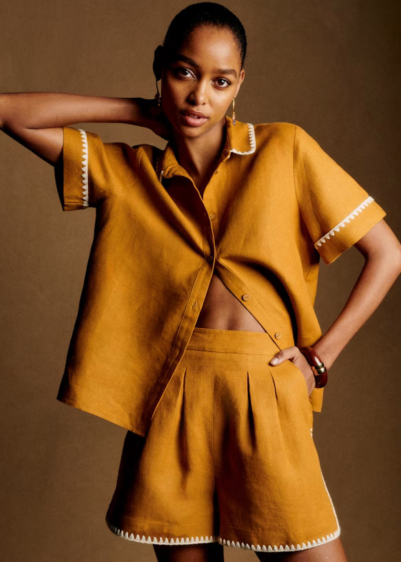 Livia Shirt - Cinnamon with Ecru Trimming  - Linen - Sézane | Sezane Paris - US