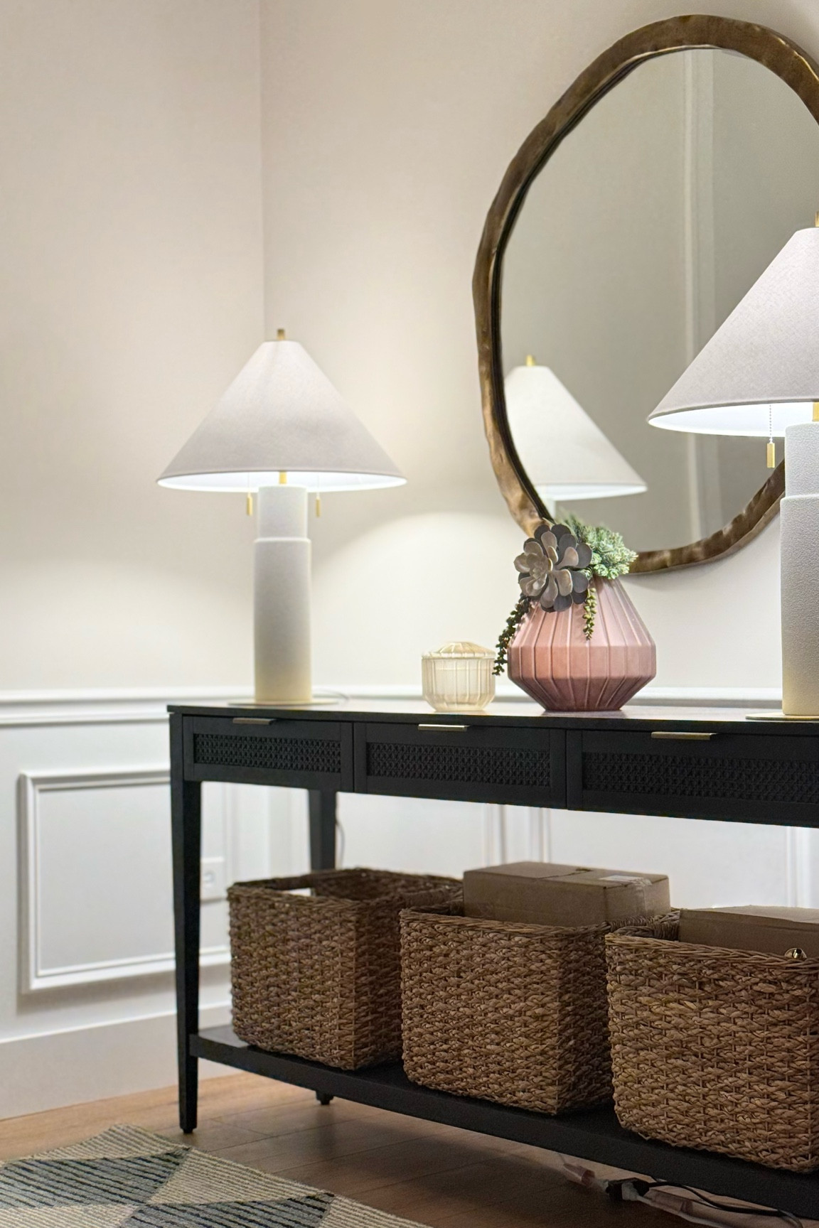 Console table styling with statement mirror, modern lighting and some warmth with these sea grass baskets  

#LTKStyleTip #LTKHome #LTKFamily