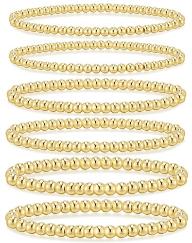 adoyi Gold Bracelets for Women, Gold Beaded Bracelets for Women Girls 14K Gold Plated Stackable Stretch Bracelets Bead Ball Bracelet stack Set Strand Bracelet Adjustable Gold Jewelry for Women Girls | Amazon (US)
