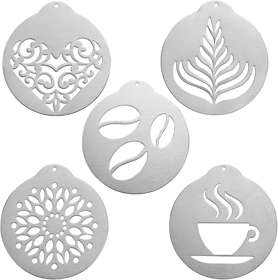 5Pcs Stainless Steel Coffee Decorating Stencils Metal Foam Latte Art Templates, Reusable Barista ... | Amazon (US)