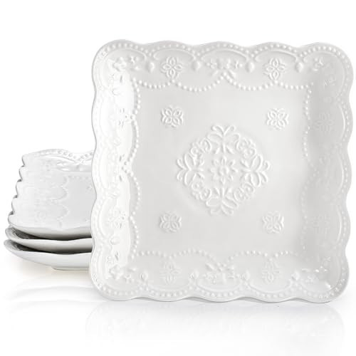 Tebery Set of 4 Square Embossed Ceramic Plate, 10 Inch Elegant Dinner Plates Ivory White, Appetizer Salad Serving Plates Kitchen Plates for Breakfast Afternoon Tea Banquet Wedding Party Steak Pasta | Amazon (US)