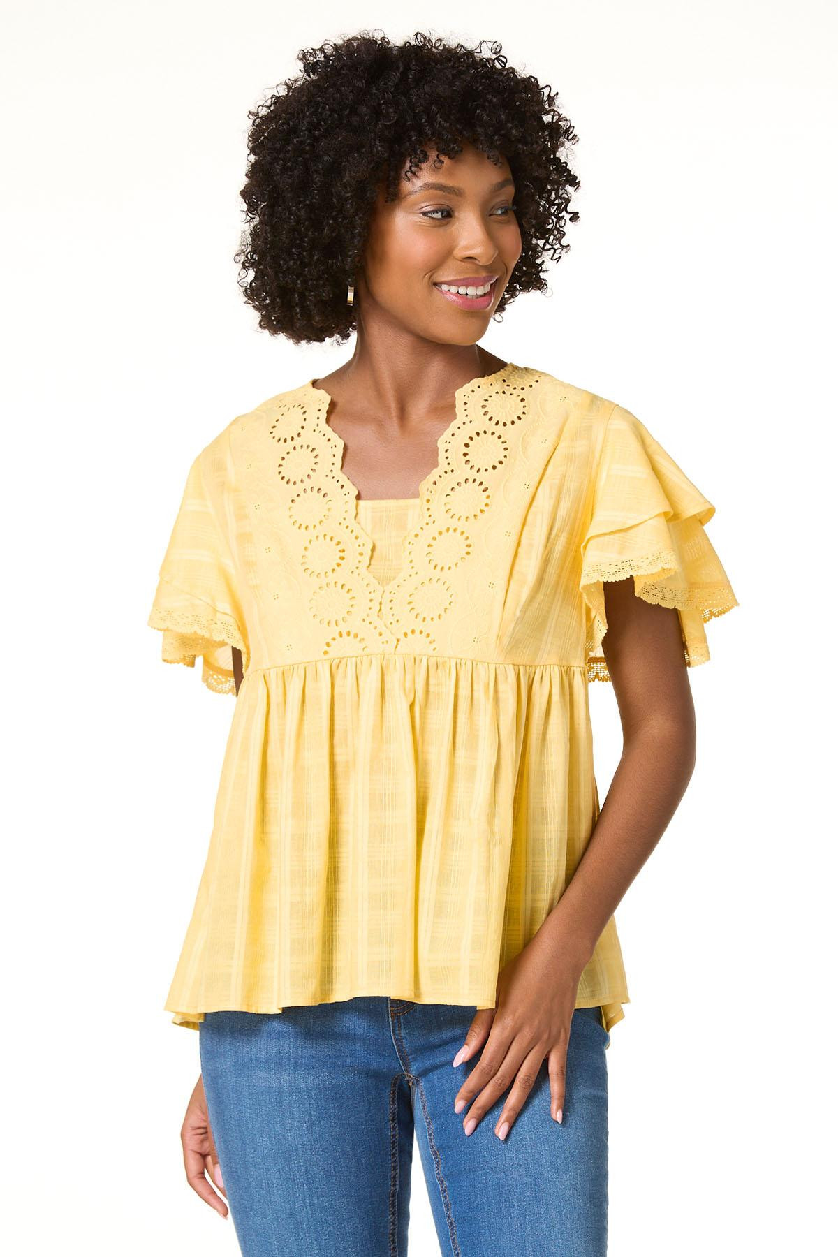 Embroidered Eyelet Flutter Sleeve Top | Cato Fashions