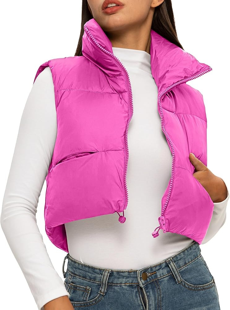 Women's Cropped Puffer Vest with Pockets, High Stand Collar Crop Outerwear Lightweight Padded Gil... | Amazon (US)