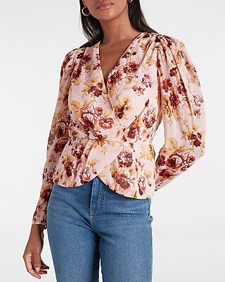 Floral Print Faux Wrap Front Peplum Top | Express