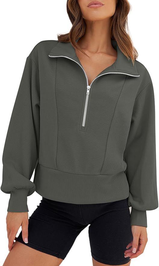MEROKEETY Women's 2023 Long Sleeve Half Zip Cropped Sweatshirt Lapel Casual Ribbed Pullover Tops | Amazon (US)