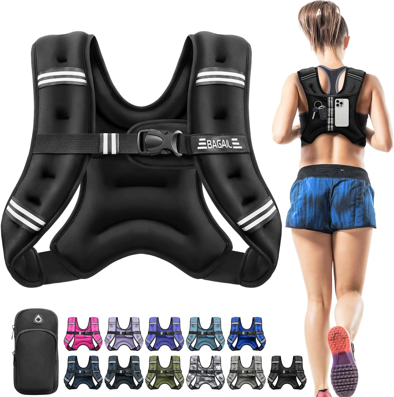 BAGAIL Comfort-Fit Weighted Vest for Woman, Even Weight Distribution, Faster Weight Loss, No-Chafe or Bounce for Walking & Running with Detachable Phone Pouch & Reflective Stripes (Available 5-30lbs) | Amazon (US)