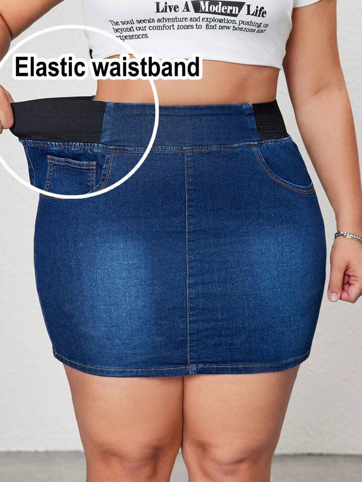 SHEIN CURVE+ Women's Plus Size Blue Denim Skirt Comfortable Tight Skirt Hip-Covering Skirt Summer Denim Mini Skirt | SHEIN