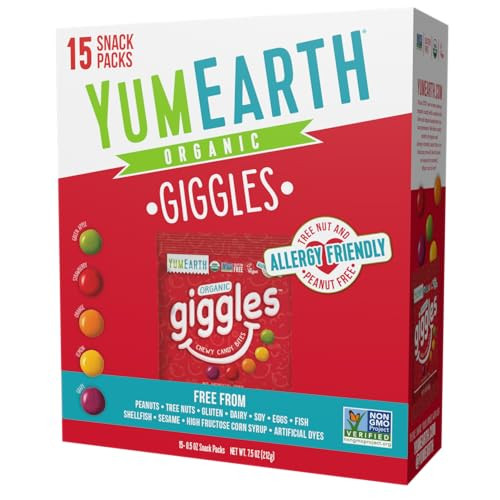 YumEarth Organic Giggles Chewy Candy - Allergy Friendly (Top 9 Free), No Artificial Dyes or Flavors, Non GMO, Gluten Free, Vegan - Individually Wrapped Fruity Snack Packs - 0.5 Ounce (Pack of 15) | Amazon (US)
