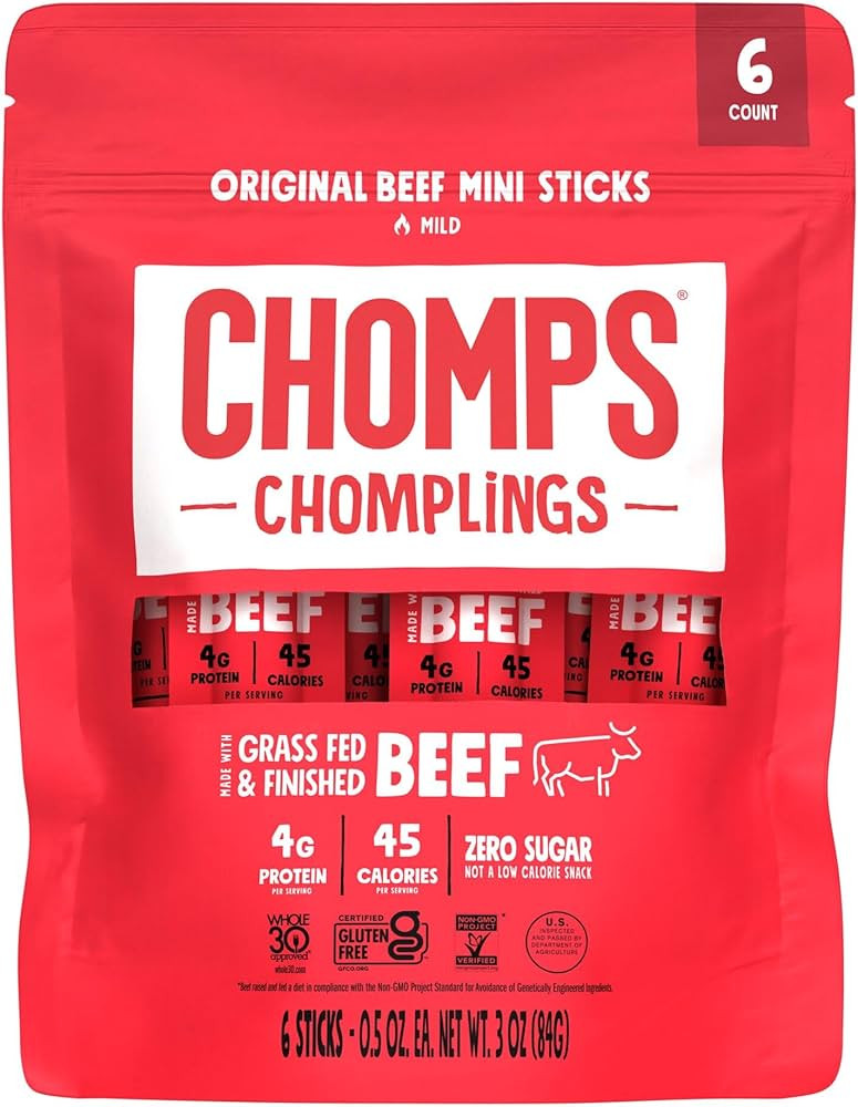 CHOMPS MINI Grass Fed Beef Jerky Meat Snack Sticks 0.5 Oz, Original Beef (Pack of 6) | Amazon (US)