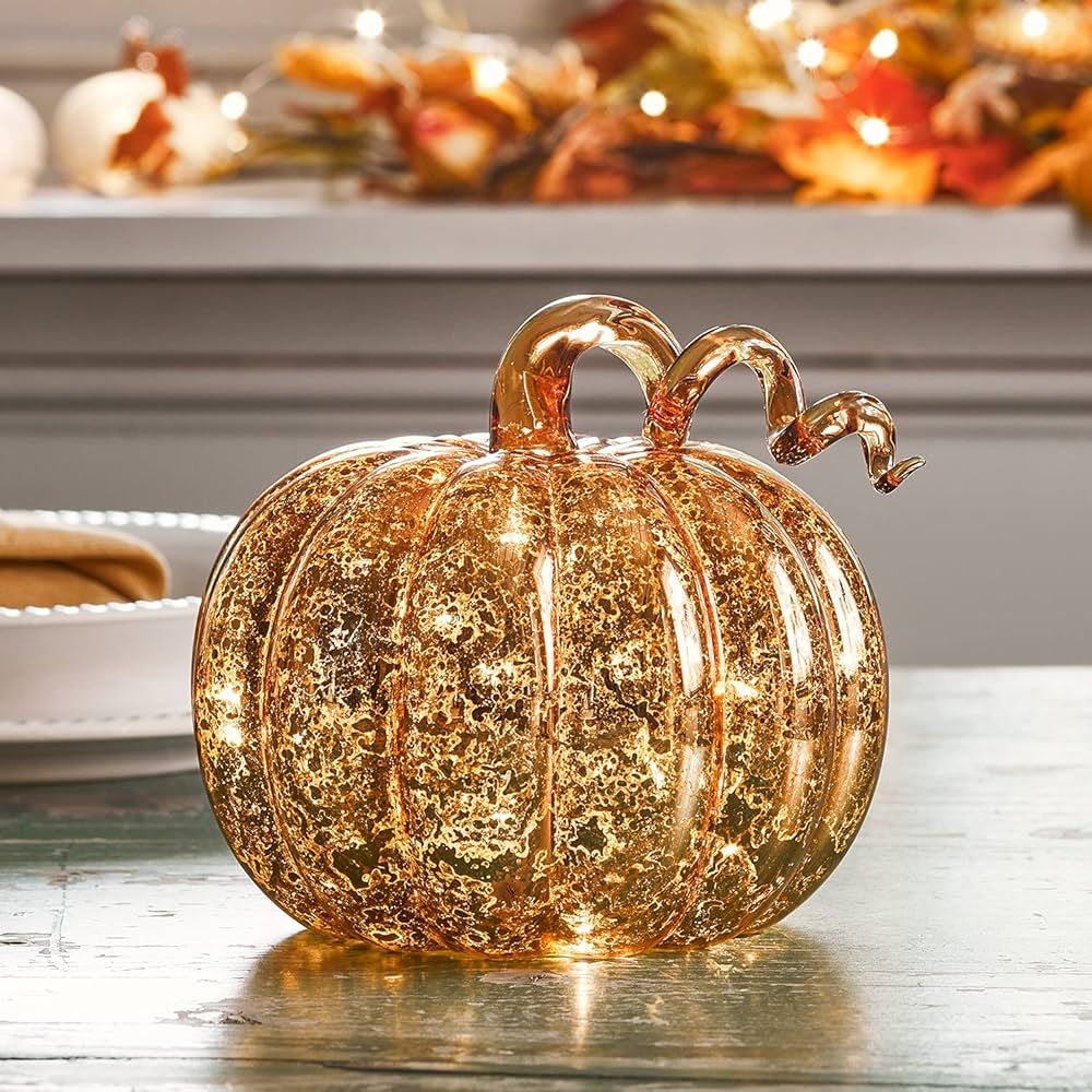 Lights4fun, Inc. 6.5” Amber Mercury Glass Pumpkin Light Up Battery Operated LED Fall Thanksgivi... | Amazon (US)