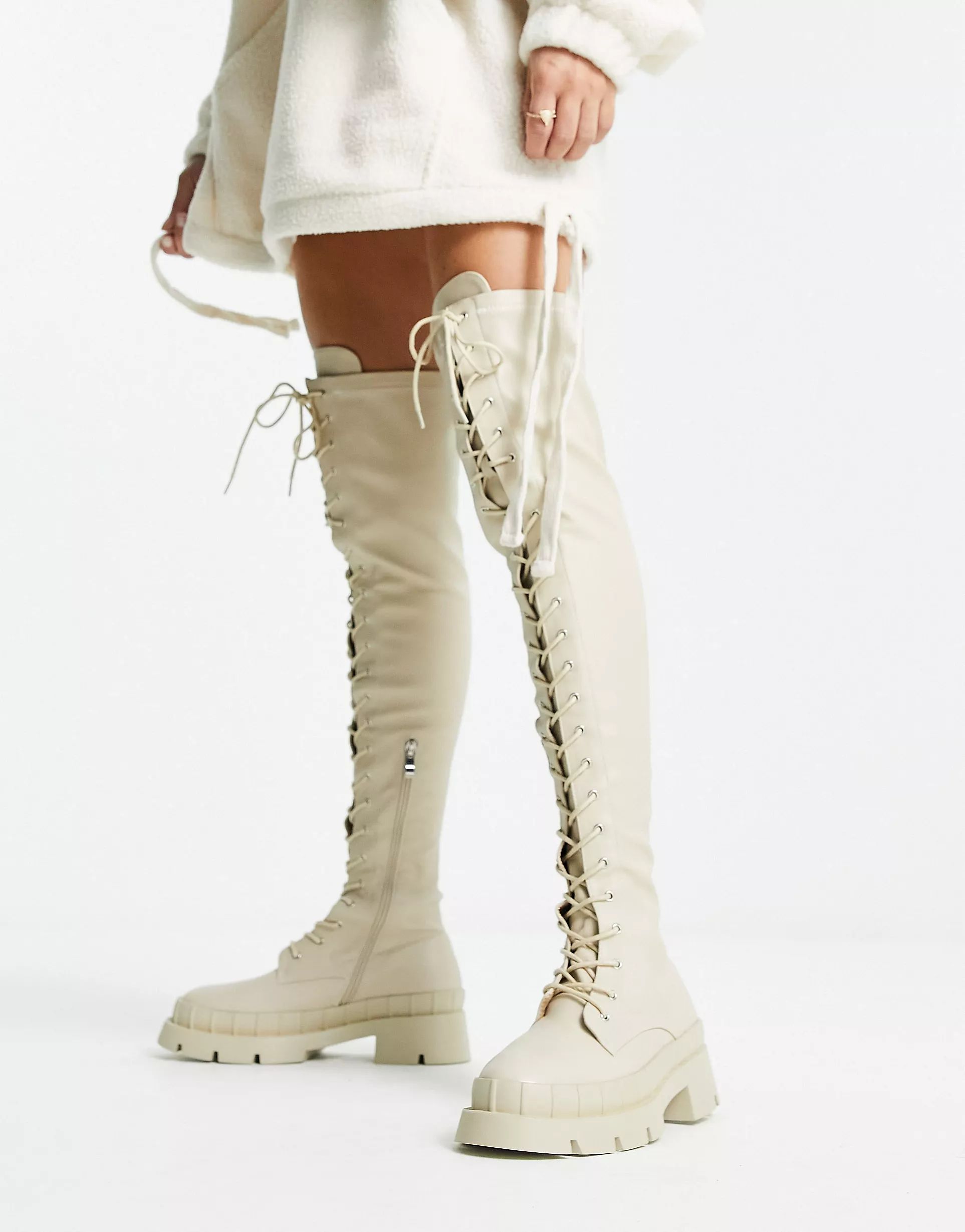 RAID Oakford lace up over the knee second skin boots in ecru | ASOS (Global)