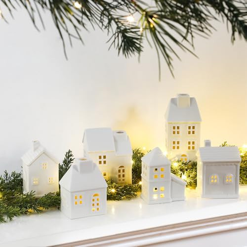 Blueweenly 16 Pcs Ceramic Christmas Village Sets Include 6 White Porcelain Village Town Houses 9 Christmas Trees and 50 LED Light with Remote Control for Xmas Scene Holiday Mantle Desktop Decoration | Amazon (US)