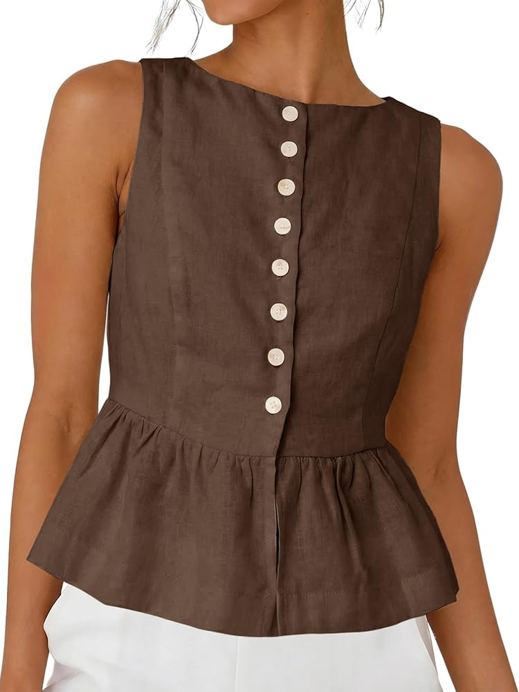 SKIKYAN Women's Linen Tank Tops Sleeveless Peplum Top Button Front Casual Flared Hem Blouse for S... | Amazon (US)