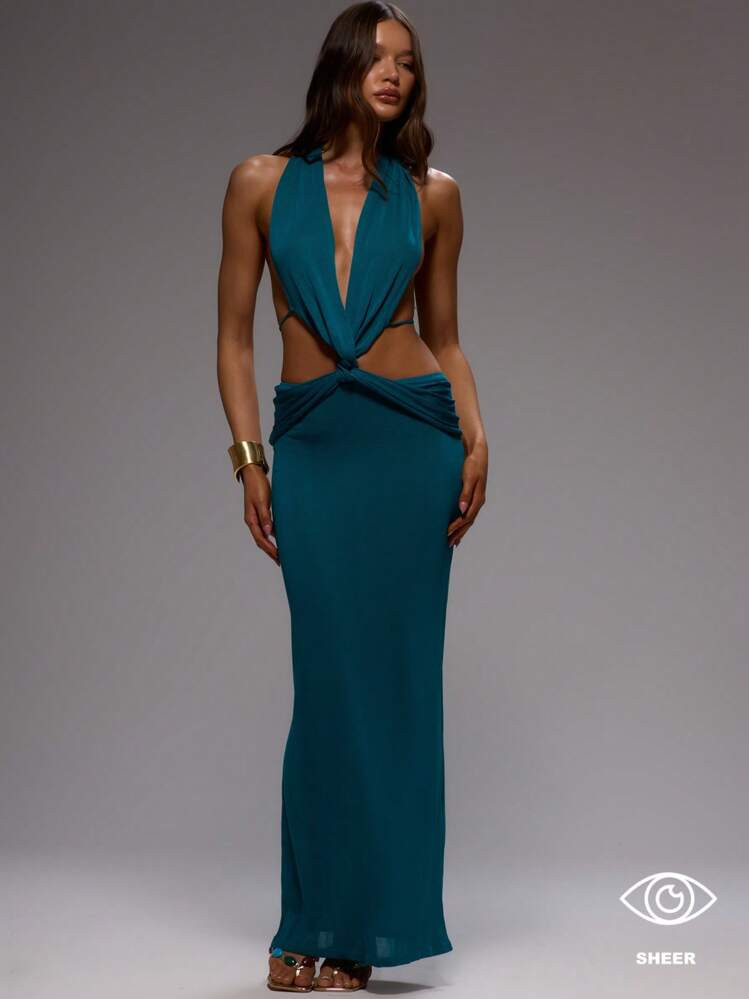 MUSERA Halterneck Knot Front Extreme Plunge Cut Out Sides Straight Fit Elegant Maxi Dress For Spring Summer Vacation Wedding Guest Graduation Formal,Summer Dresses For Women Holiday Beach Ibiza Night Out Wedding Guest, Elegant, Birthday, Christmas, Halloween, Fall, Winter | SHEIN