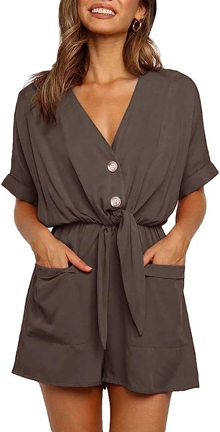 Ivay Womens V Neck Button Rompers Knot Tie Short Sleeve Sexy Loose Playsuit Jumpsuit with Pockets | Amazon (US)