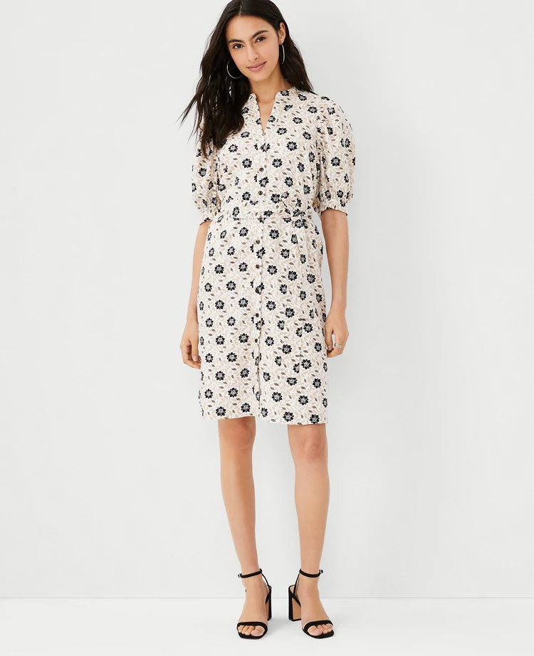 Floral Linen Blend Puff Sleeve Shirtdress | Ann Taylor (US)