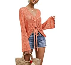 FERBIA Women Crochet Top Beach Cloth Drawstring Shirt Cover Up Oversized Sexy Beachwear Lace Up T... | Amazon (US)