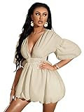 WDIRARA Women's Deep V Neck Puff Sleeve High Rise Flare Dress Elastic Waist Dress | Amazon (US)