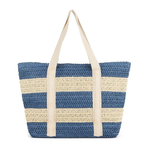 KUANG! Large Straw Beach Bag for women Stripes Woven Straw Tote Bag Summer Handbag Shoulder Bag Blue | Amazon (US)