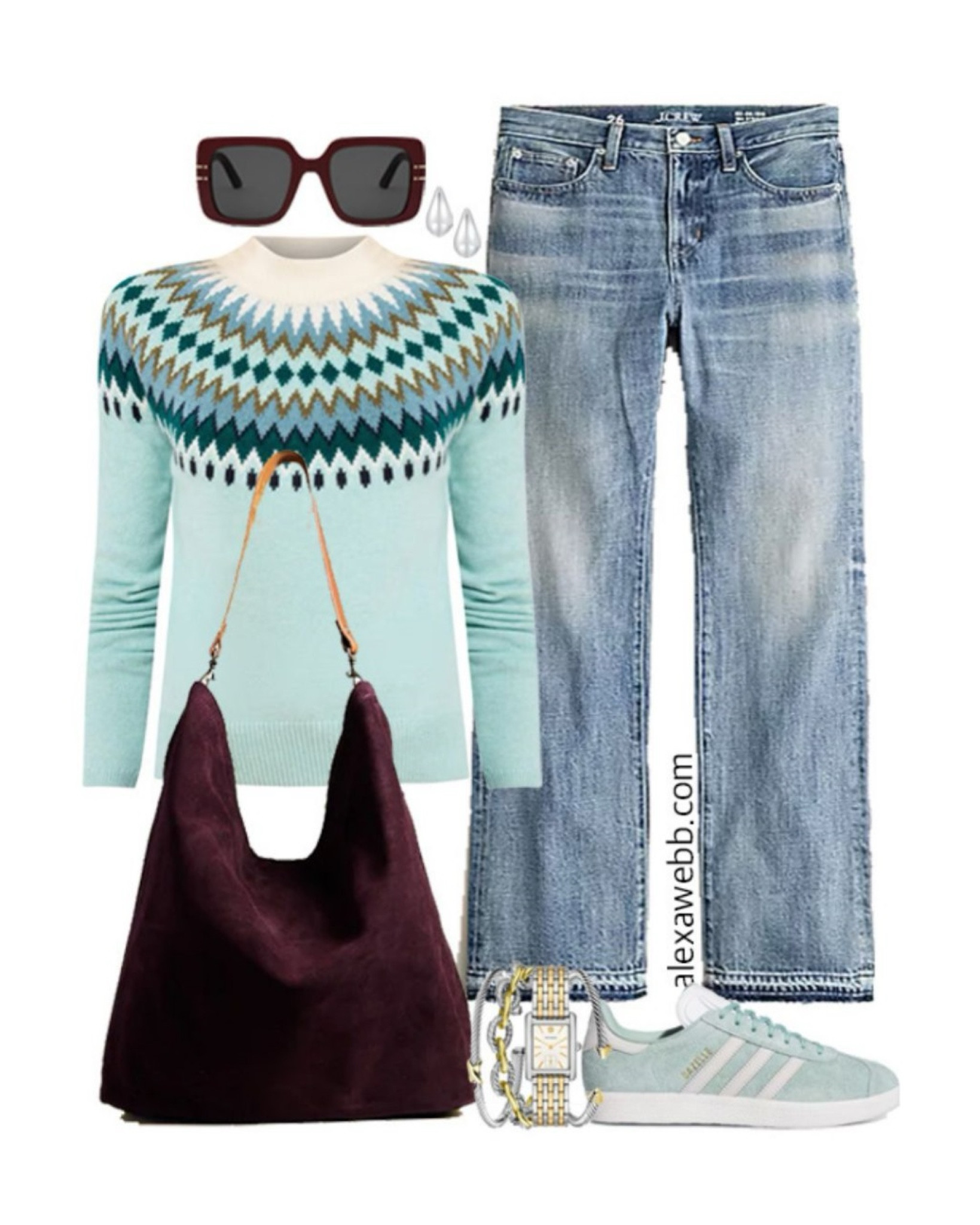 Plus Size Teal Fair Isle Sweater Outfits - A plus size trendy and casual outfit for fall. A plus size Fair Isle sweater in an aqua and teal color is paired with straight leg jeans, an oxblood hobo bag, and aqua adidas gazelle sneakers. So cute! Alexa Webb #plussize

#LTKSeasonal #LTKStyleTip #LTKPlusSize