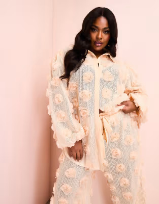 ASOS LUXE Curve 3D floral oversized crochet beach shirt in cream | ASOS (Global)