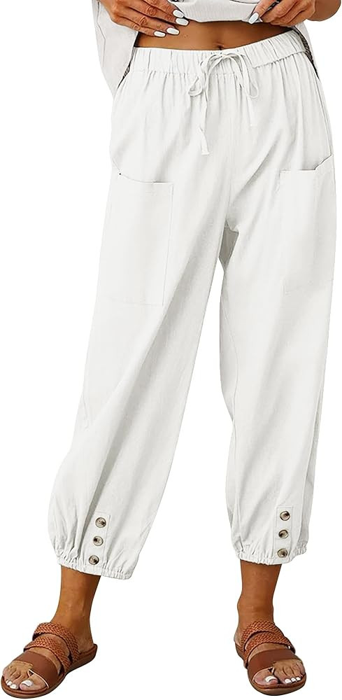 ANRABESS Womens Summer Linen Pants Casual Wide Leg Drawstring Waist Harem Cropped Palazzo Trouser... | Amazon (US)