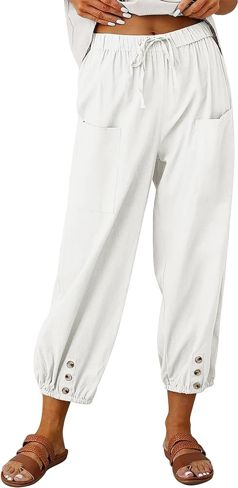 ANRABESS Womens Summer Linen Pants Casual Wide Leg Drawstring Waist Harem Cropped Palazzo Trouser... | Amazon (US)