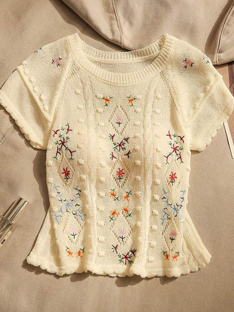 GlowEve Women's Embroidered Round Neck Raglan Short Sleeve Casual Knit Top | SHEIN