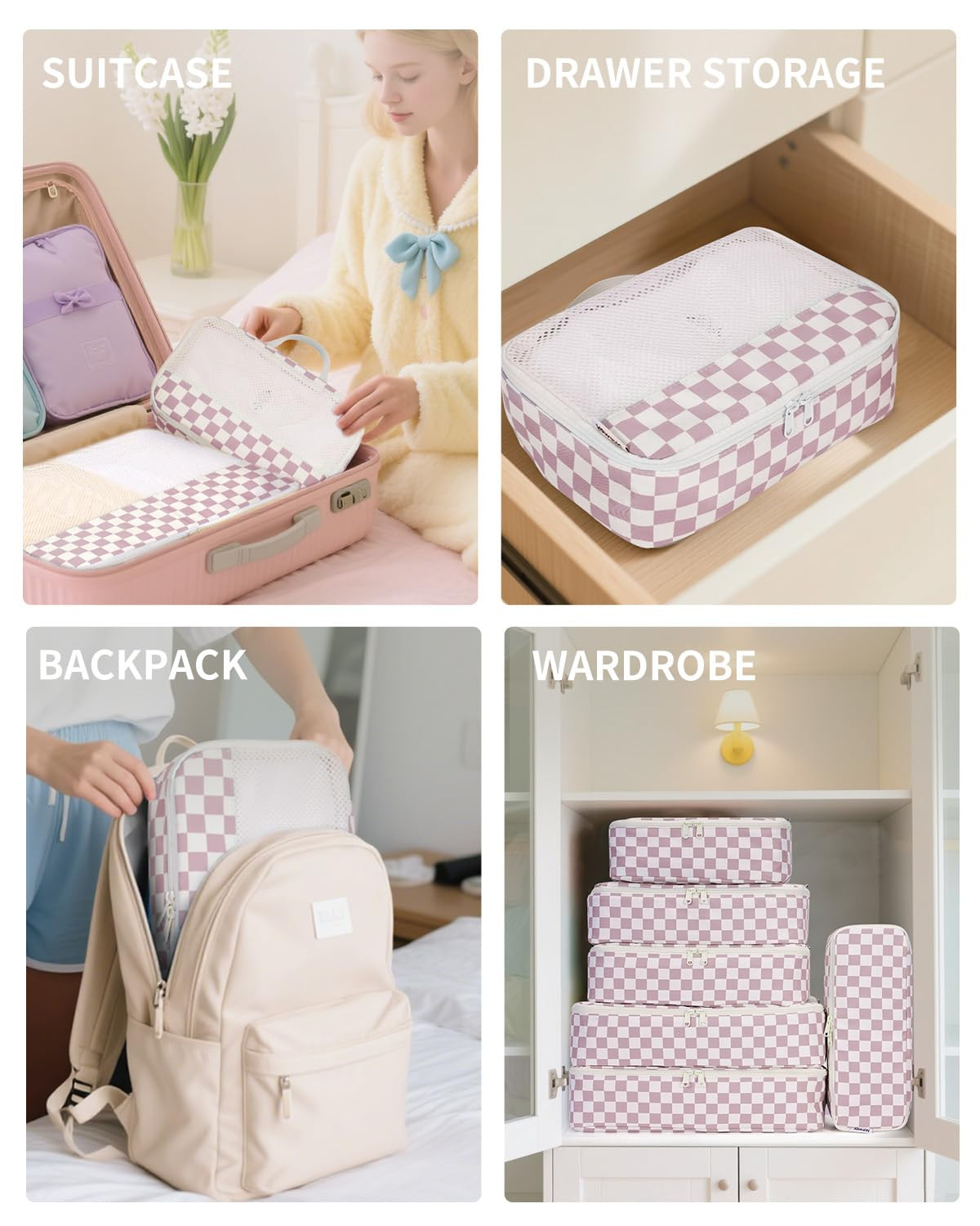 Narwey 7 Set Checkered Packing Cubes for Travel Carry on Suitcase Luggage Organizer Bags for Kids... | Amazon (US)