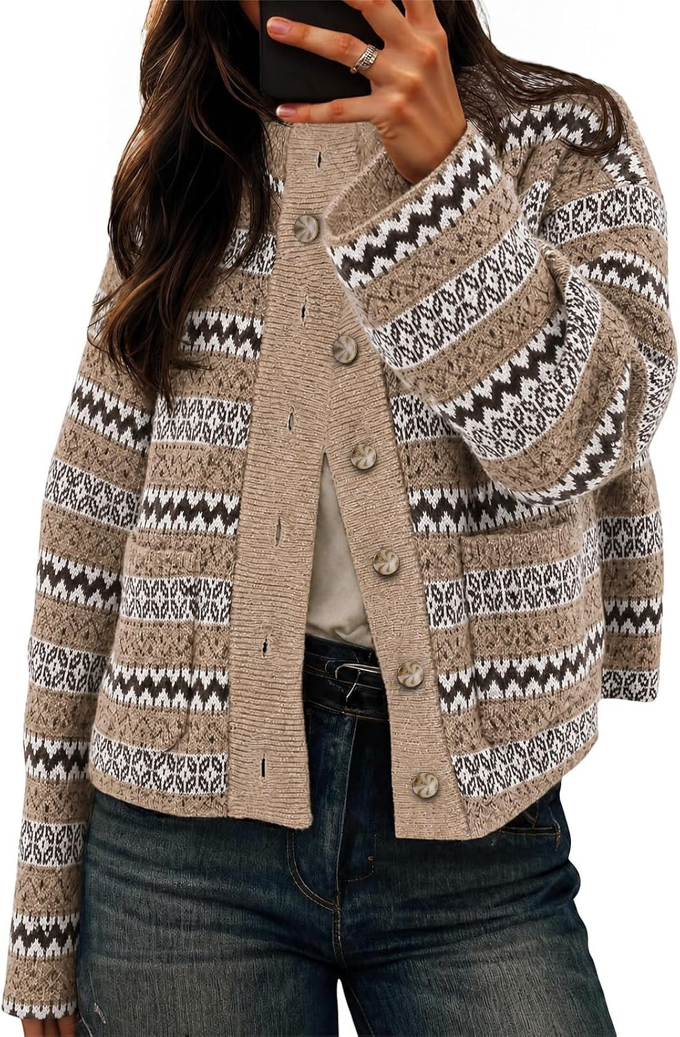 Cicy Bell Womens Fair Isle Cardigan Long Sleeve Mock Neck Fall Knit Sweater | Amazon (US)